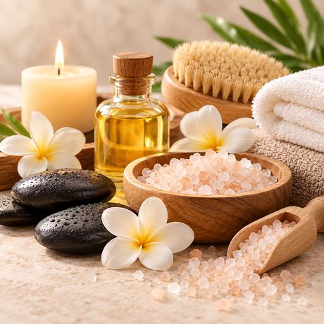 Candle, oils, sea salt and river stones on a tray