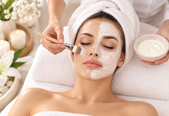 Cream mask being brushed on during a signature facial
